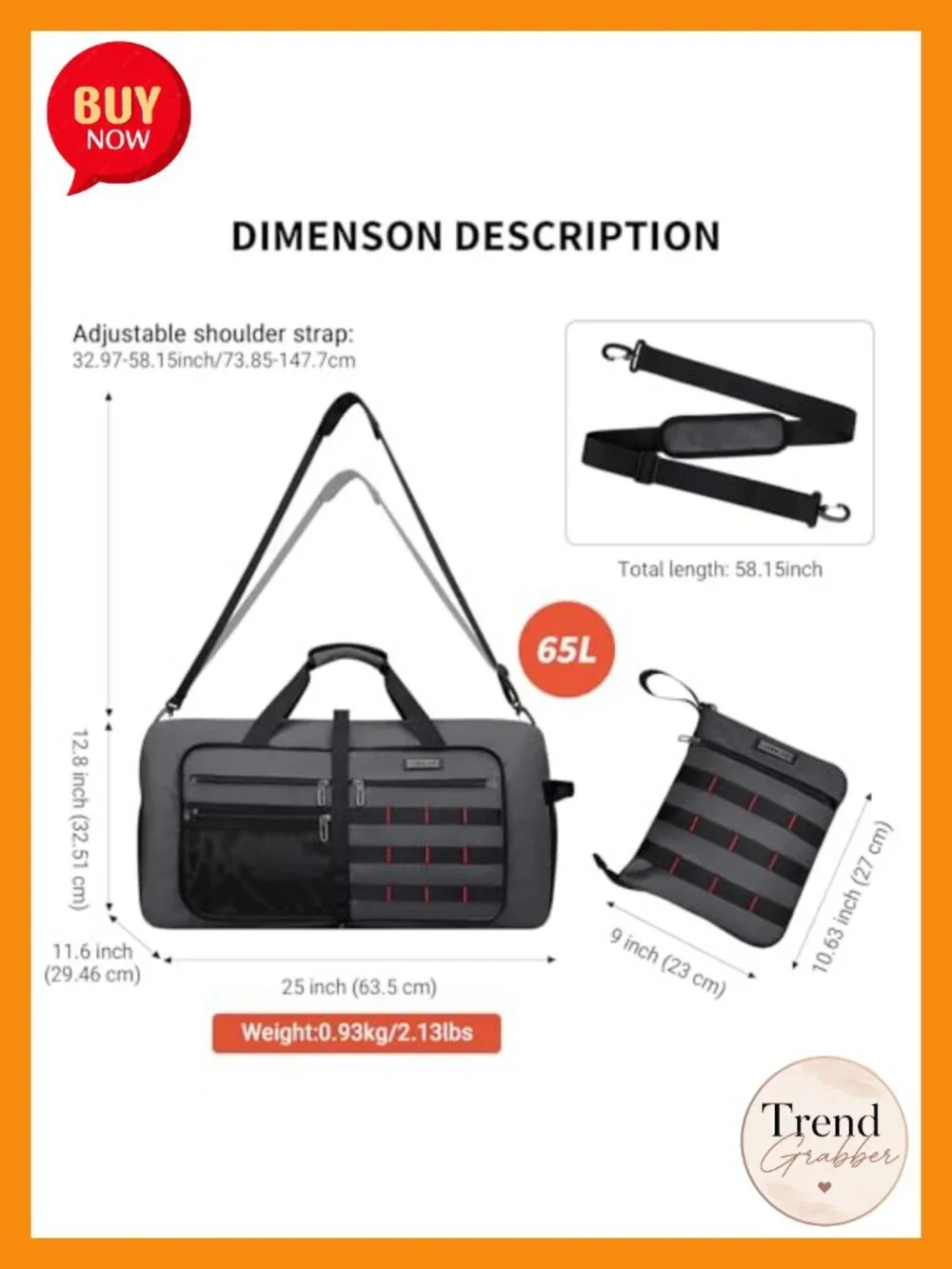 Foldable 65L Duffle Bag for Men Travel with Shoe Compartment Nylon Lightweight